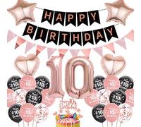 Decoration Ballon Anniversaire 10 Ans - Happy Birthday Banderole Fanions Deco de Fête Noir et Or Rose, Le Chiffre Dix L'Étoile À Cinq Branches Et Le Ballon De Cœur En Aluminium Pour Le 10e Fille