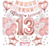 Decoration Ballons Anniversaire 13 Ans - Happy Birthday Official Teenager Banderole Deco de Fête, Ballon Cœur en Or Rose Décoration de Gâteau pour les Filles de 13e anniversaire