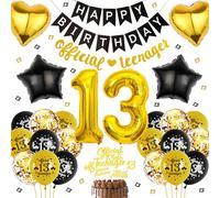 Decoration Ballons Anniversaire 13 Ans - Happy Birthday Official Teenager Banderole Deco Or Noir de Fête, Ballon Cœur Décoration Gâteau pour les Garçon de 13e anniversaire