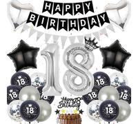 Decoration Ballons Anniversaire Argent Noir - 18 Ans Banderole Joyeux anniversaire Fanions Deco, Happy Birthday Guirlande Ballon Cœur de I'amour et étoile à Cinq Branches En Aluminium Pour Fête Garçon