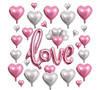 Décoration Ballons Saint Valentin, Love Ballons + 30 Amour Coeur Ballons Heart en Feuille d’Aluminium Romantique Ballon d'Hélium Décoration pour Anniversaire Mariage, 5 10 18 Pouces, Rose Argenté