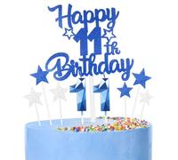 Décoration Bleu Gâteau 11 Ans Anniversaire,9 Pièces Cake Topper 11 Ans,Bougies, Étoiles & Cœurs pour Cupcakes Décoration de Gâteau pour Femmes/Homme