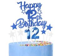 Décoration Bleu Gâteau 12 Ans Anniversaire,9 Pièces Cake Topper 12 Ans,Bougies, Étoiles & Cœurs pour Cupcakes Décoration de Gâteau pour Femmes/Homme