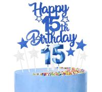 Décoration Bleu Gâteau 15 Ans Anniversaire,9 Pièces Cake Topper 15 Ans,Bougies, Étoiles & Cœurs pour Cupcakes Décoration de Gâteau pour Femmes/Homme