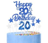 Décoration Bleu Gâteau 20 Ans Anniversaire,9 Pièces Cake Topper 20 Ans,Bougies, Étoiles & Cœurs pour Cupcakes Décoration de Gâteau pour Femmes/Homme