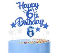 Décoration Bleu Gâteau 6 Ans Anniversaire,9 Pièces Cake Topper 6 Ans,Bougies, Étoiles & Cœurs pour Cupcakes Décoration de Gâteau pour Femmes/Homme