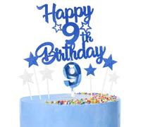 Décoration Bleu Gâteau 9 Ans Anniversaire,9 Pièces Cake Topper 9 Ans,Bougies, Étoiles & Cœurs pour Cupcakes Décoration de Gâteau pour Femmes/Homme