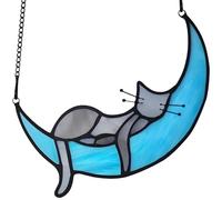 Décoration Chat Dormant sur Lune, Suspension de fenêtre Artisanale en Acrylique, Art décoratif Suspendu, Croissant de Lune Bleu avec Chat endormi, Cadeau Souvenir pour Amoureux des Chats