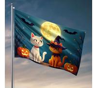 Décoration cool pour chambre de gars, deux chats habillés pour Halloween sous une pleine lune. Drapeau Happy Camper Cadeaux de chambre pour filles (152 x 244 cm)
