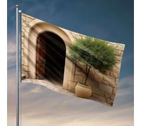 Décoration cool pour chambre de gars, une plante en pot se tient devant une porte arquée. Drapeau Happy Camper Cadeaux de chambre pour filles (120 x 180 cm)