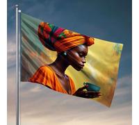 Décoration cool pour chambre d'homme Une femme en tenue vibrante tient une tasse vapeur, dégageant chaleur et élégance. Drapeau Happy Camper Gifts Drapeaux de chambre pour filles (60 x 90 cm)