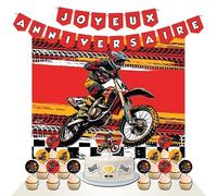 Décoration D’anniversaire Motocross - 1 Affiche 100 x 80 cm, 2 Guirlandes, 1 Décor de Gâteau, 12 Décorations et 1 banderole - Thème pour fêtes d'enfants (lot 3)