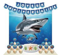 Décoration D’anniversaire Requin - 1 Affiche 100 x 80 cm, 2 Guirlandes, 1 Décor de Gâteau, 12 Décorations et 1 banderole - Thème pour fêtes d'enfants (lot 3)