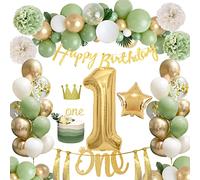 Décoration d'anniversaire 1 an garçon, décoration Thinbal pour 1er anniversaire, vert, blanc, doré, premier anniversaire garçon avec ballons, bannière Happy Birthday, couronne d'anniversaire pour