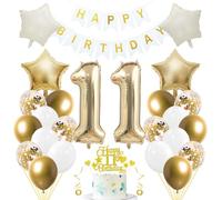Décoration d'anniversaire 11 ans - Or clair - Ballon en aluminium - Chiffre 11 - Bannière « Happy Birthday » - Ballons à confettis - Ballons en aluminium - Étoile - Champagne doré - 11 ans