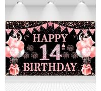 Décoration d'anniversaire 14e anniversaire Fond Happy 14th Birthday Bannière Drapeau Ballons Étoile Signe Affiche Décoration Bannière d'anniversaire pour garçons filles 14 ans Fournitures de fête