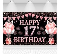 Décoration d'anniversaire 17e anniversaire Fond Happy 17th Birthday Bannière Drapeau Ballons Étoile Signe Affiche Décoration Bannière d'anniversaire pour garçons filles 17 ans Fournitures de fête