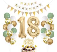 Décoration d'anniversaire 18 ans, vert sauge, ballons pour garçons et filles, ballons verts, blancs et dorés, en forme de chiffre 18, décoration de gâteau pour 18e anniversaire