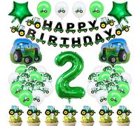 Décoration d'anniversaire 2 ans garçon Tracteur - Ballons en aluminium, confettis pour anniversaire d'enfant et baby shower - Décoration de fête verte