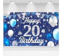 Décoration d'anniversaire 20e anniversaire Fond Happy 20th Birthday Bannière Bleu Argent Drapeau Ballons Étoile Signe Affiche Décoration Bannière d'anniversaire pour Garçons Filles 20 ans Fournitures