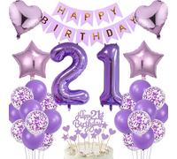 Décoration d'anniversaire 21e anniversaire Décoration de gâteau d'anniversaire Cadeau Ensemble de ballons violets Bannière Joyeux Anniversaire Numéro 21 Ballons en aluminium Décoration de gâteau Fête