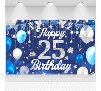 Décoration d'anniversaire 25e anniversaire Fond Happy 25th Birthday Bannière Bleu Argent Drapeau Ballons Étoile Signe Affiche Décoration Bannière d'anniversaire pour Hommes Femmes 25 ans Fournitures