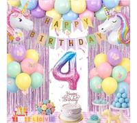 Décoration d'anniversaire 4 ans pour fille - Décoration 1er anniversaire fille avec ballon 4e anniversaire, bannière Happy Birthday, décoration de gâteau, rideau à paillettes pour le premier 4, 5, 6