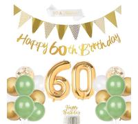 Décoration d'anniversaire 60 ans, vert sauge, pour femme, ballon en aluminium en forme du chiffre 60, ballon vert blanc doré, bannière Happy Birthday, décoration de gâteau pour 60e anniversaire