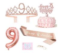 Décoration d'anniversaire 9 ans fille, couronne d'anniversaire 9 ans et écharpe, bougies de décoration de gâteau Happy Birthday, ballon en aluminium rose doré 9, carte d'anniversaire, cadeau