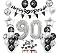 Décoration d'anniversaire 90 ans homme femme bannière noire 90e anniversaire guirlande décorative 90e femmes ballons argent 90e décoration de gâteau 90 ans ballons hommes