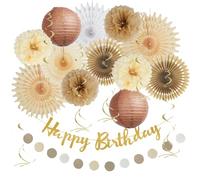 Décoration d'anniversaire beige, style bohème, pour fille, neutre, marron et beige, avec pompons, décoratif, beige, avec cercle en papier, guirlande Happy Birthday, guirlande dorée pour anniversaire