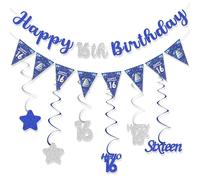 Décoration d'anniversaire bleu argent pour 16 ans, décorations « Joyeux 16 ans », panneau pour garçons, décorations de fête sportive, tourbillons suspendus, décoration Hello Bday
