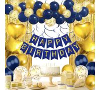 Décoration d'anniversaire bleu doré - Décoration de fête d'anniversaire de qualité supérieure - Guirlande de ballons - Rideaux - Pour garçons et filles - Décoration d'anniversaire pour hommes et