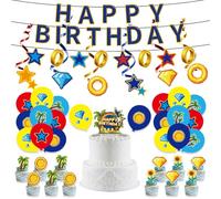 Décoration D'Anniversaire Bleu Hérisson, Hérisson Bleu avec Anneau Doré Fournitures de Fête Thème des Jeux Vidéo avec Bannière Ballon Carte Décorative pour Filles et Garçons