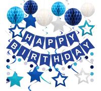 Décoration d'anniversaire bleue, bannière « Happy Birthday » bleu marine avec boule en nid d'abeille, serpentins à suspendre en forme d'étoile, guirlande à pois, décorations de fête d'anniversaire