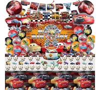 Décoration d'anniversaire Cars, Ensemble de 104 pièces, Ballons 3D, Nappe, Autocollants, Décoration tourbillon, Décoration de gâteau, Bannière, Convient pour la décoration d'anniversaire des garçons