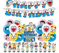 Décoration d'Anniversaire Doraemon RZDQZY - Ballons, Bannière Joyeux Anniversaire, Décorations de Gâteau Bleu Caricature Doraemon