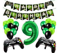 Décoration d'anniversaire garçon 9 ans, décoration gamer anniversaire, Happy Birthday guirlande bannière déco garçon, manette de jeu ballons noir vert ballons pour enfants jeu vidéo thème fête