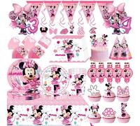 Décoration d'anniversaire Minnie Mouse, vaisselle de dessin animé Minnie, assiette, tasse, serviette, ballons, bannière, toile de fond, sac cadeau, fournitures de fête pour enfants 85pcs set