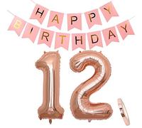 Décoration D'anniversaire Or Rose pour les Filles: Ballons Hélium Numéro 12 Rose Gold +Deco Banderole Joyeux Anniversaire | Ballon Chiffres Géants | 40"100CM | pour la 12 Ans ème Décor de Fête Enfants