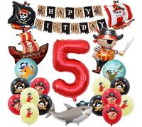 Décoration d'anniversaire pirate pour enfants de 5 ans avec ballons en aluminium bateau pirate, requin, pirate et numéro 5, ballons en latex et guirlande pour anniversaire d'enfant