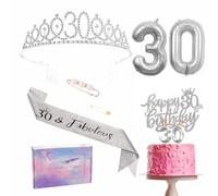 Décoration d'anniversaire pour femme 30 ans, couronne d'anniversaire et écharpe, décoration de gâteau d'anniversaire et bougies, ballon en aluminium 30, 30e cadeau pour homme/femme, fournitures de