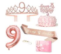 Décoration d'anniversaire pour fille 9 ans, couronne d'anniversaire 9 et ruban, décoration de gâteau d'anniversaire et bougies, ballon en aluminium 9 rose, 9ème cadeau pour fille pour la fête