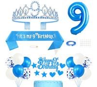 Décoration d'anniversaire pour fille - Couronne de princesse - 9 ans - Écharpe de 9 ans - Décoration de gâteau - Chiffre - Bougies et ballons - Pour fille - Bleu