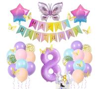 Décoration d'anniversaire pour fille de 8 ans, papillon, étoile, ballon en aluminium, 8 ballons en forme de chiffre, violet pastel, décoration d'anniversaire pour fille