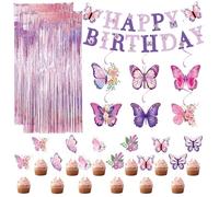 Décoration d'anniversaire pour fille - Papillons violets - Décoration de gâteau - Rideaux - Films à franges - Fond pour femmes et filles - Décoration de fête d'anniversaire