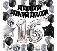Décoration d'anniversaire pour garçon et fille, noir et argent, bannière Happy Birthday, 16e anniversaire, à confettis, ballons en forme d'étoile, numéro 16, ballons en aluminium pour décoration