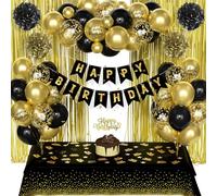 Décoration d'anniversaire pour homme et femme, ballons noirs et dorés avec bannière « Happy Birthday », rideau de pluie, décoration de gâteau, nappe pour 18e, 21e, 30e, 40e, 50e, 60e, 70e