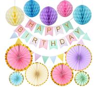 Décoration d'anniversaire, réutilisable, de qualité supérieure, couleur pastel, guirlande de fanions, boules en nid d'abeille, pompons pour décoration de fête