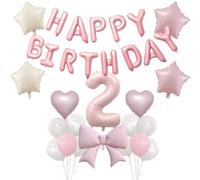 Décoration d'anniversaire rose 2 ans, décoration 2ème anniversaire, guirlande de ballons Happy Birthday, ruban, cœurs et étoile, ballon en aluminium pour anniversaire 2 ans Décoration de fête à thème